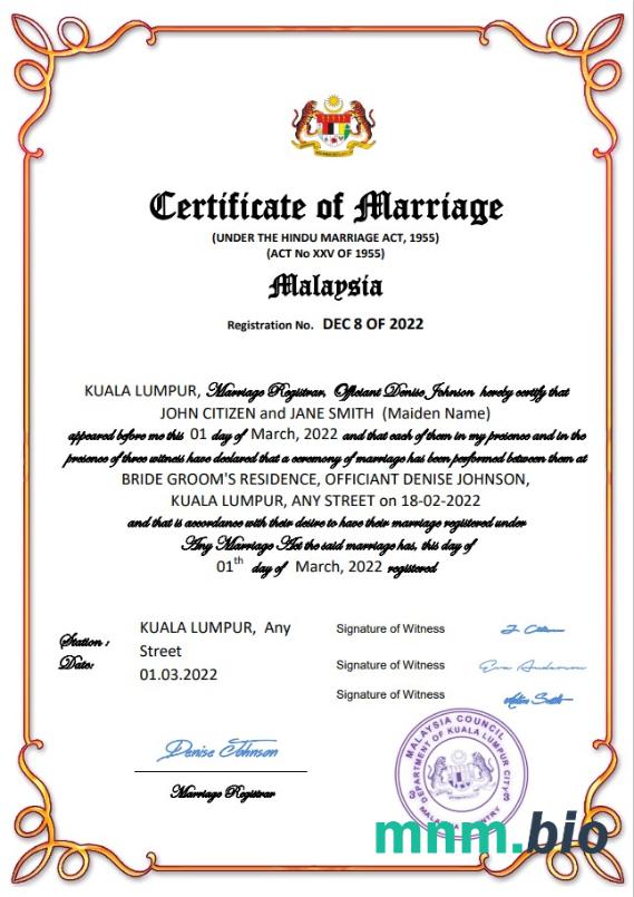 Malaysia akt małżeństwa Word i PDF szablon